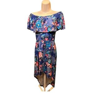 Hot Kiss Women Blue Floral Off Shoulder High Low Ruffle Dress ORM3235 Size L